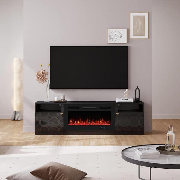 Clihome 70 in. Adjustable Shelf Black TV Stand Fits TVs Up to 80 in. with 36 in. Fireplace