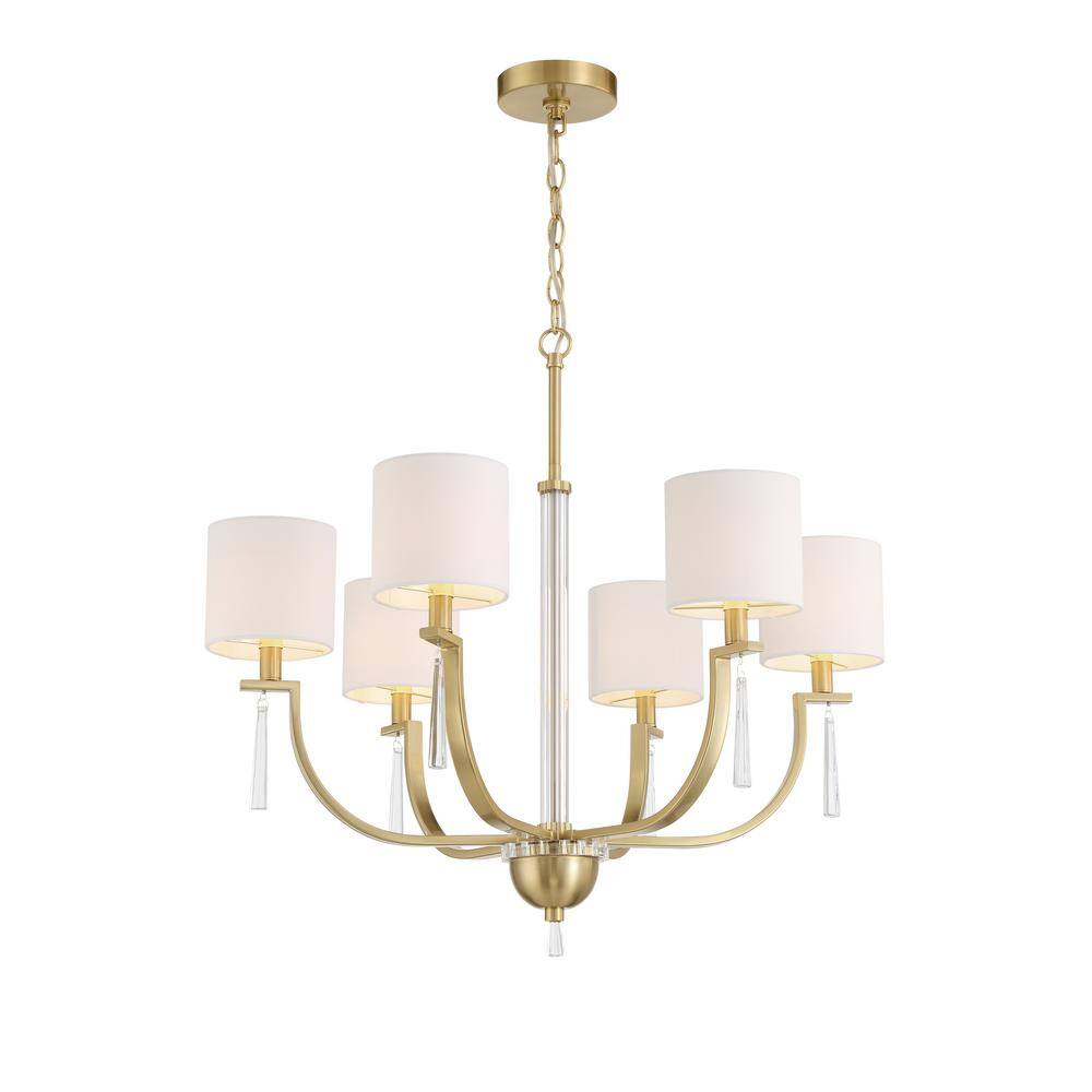 Fortuna Satin Brass 6-Light Chandelier with White Linen Shades