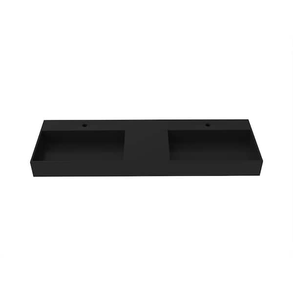 castellousa Juniper 60 in. Wall Mount Solid Surface Double-Basin Rectangle Bathroom Sink in Matte Black