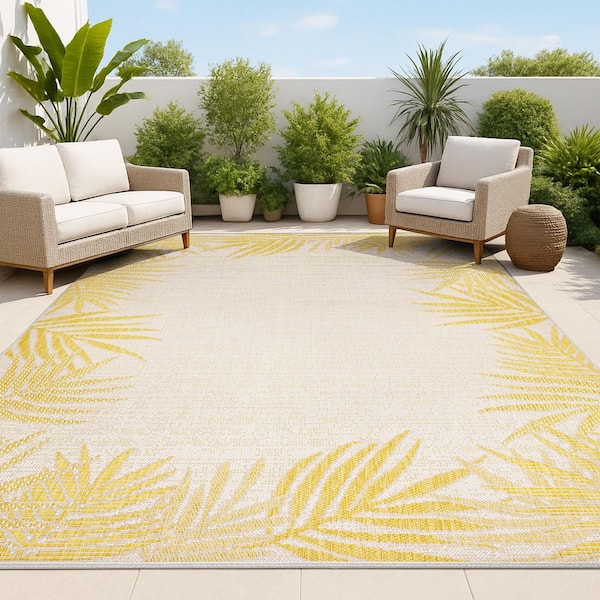 JONATHAN Y Isla Yellow/Cream 8 ft. x 10 ft. Coastal Cottage Palm Frond Border Indoor/Outdoor Area Rug