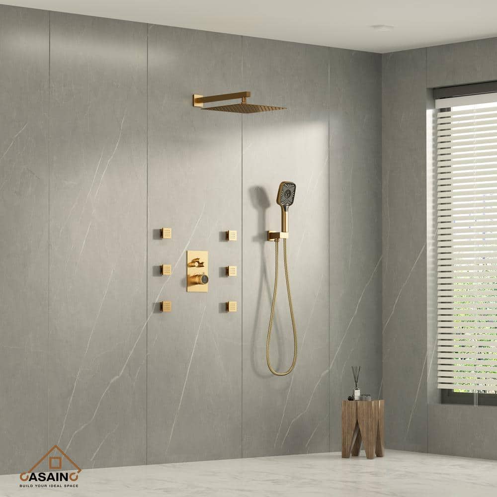 Brushed Gold 12-Inch Square Dual Shower System with Body Jets