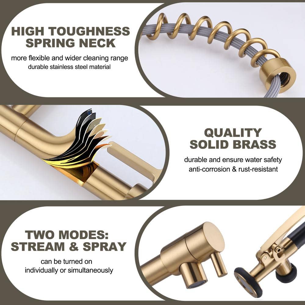 Gold Deck Mounted Double Handle Pull Down Sprayer Kitchen Faucet