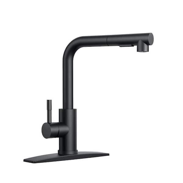 Single Handle Pull Down Sprayer Kitchen Faucet with Deckplate Pull Out Spray Wand in Matte Black