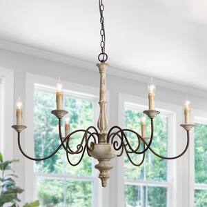 Wood Candlestick Chandelier, 6-Light Distressed White Farmhouse Chandelier for Living Room with French Country Flair