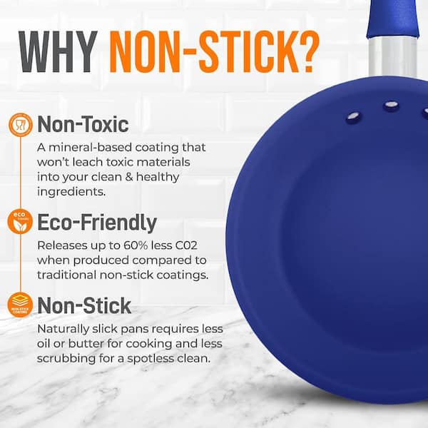 Nutrichef 10 in. Ceramic Non-Stick Medium Frying Pan in Blue with Lid