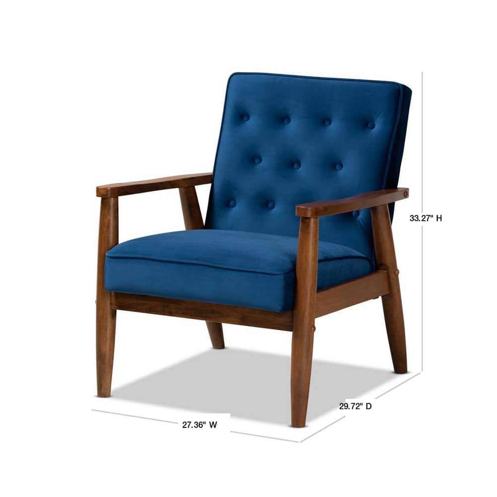 Navy Blue Velvet and Walnut Wooden Accent Chair