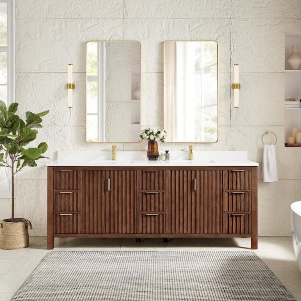 Shenzhen 84 in.W x 22 in.D x 33.9 in.D Double Bath Vanity in Aged Dark Brown Oak with White Engineered Stone Top
