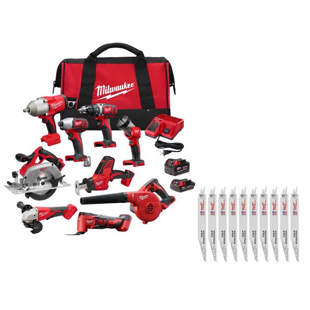MILWAUKEE M18 18-Volt Lithium-Ion Cordless Combo Kit 9-Tool with 2-Batteries, Charger and Tool Bag w/ AX SAWZALL Blades (2697-29-4)
