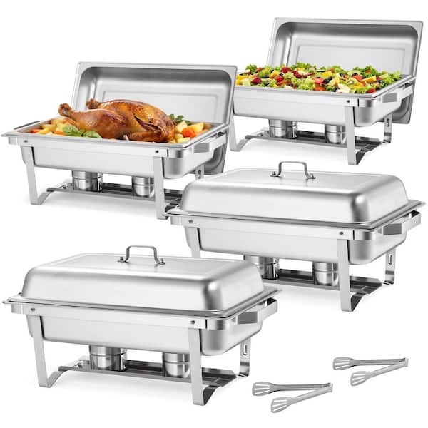 9 Qt. Rectangle Chafing Dish 4-Pack, Stainless Steel, Hollow Handle, 2 Tongs, Lid, Fuel Holder for Banquets, Parties