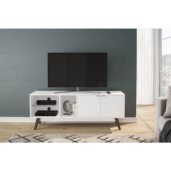 Unbranded Bariloche White and Walnut TV Stand Fits TV's up to 65 in. with Cabinet and Open storage