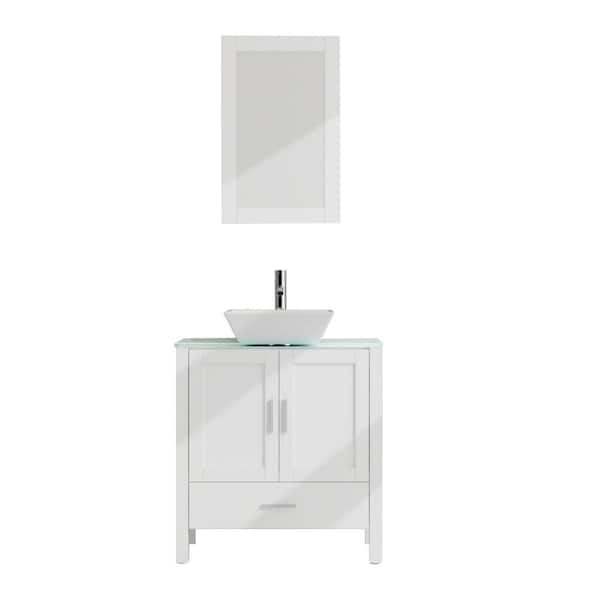 FUNKOL 30 in. D x 36 in. H x 18.1 in. W Bathroom White Vanity and Sink Combo Glass Countertop with Mirror