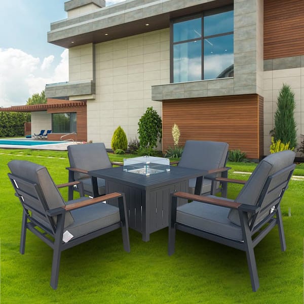 PATIOPTION 5-Piece Aluminum Square Patio Fire Pit Sectional Seating Set with Gray Cushion, Padded Armchair Square Fire Pit Table