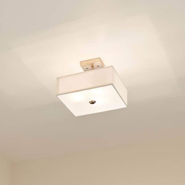 KICHLER Shailene 14 in. 3-Light Brushed Nickel Square Hallway Transitional Semi-Flush Mount Ceiling Light with Microfiber Shade