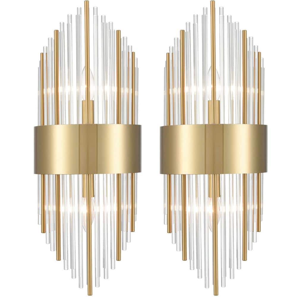 Gold Brass Crystal Glass Mid Century Modern Wall Sconce Set