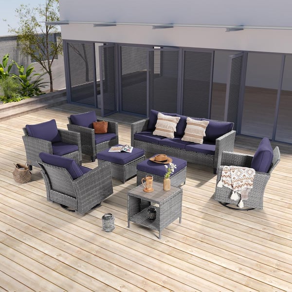 JOYESERY 8-Piece Patio Outdoor Grey Wicker Conversation Seating Set Thickening Navy Blue Cushions With Swiveling Rocker