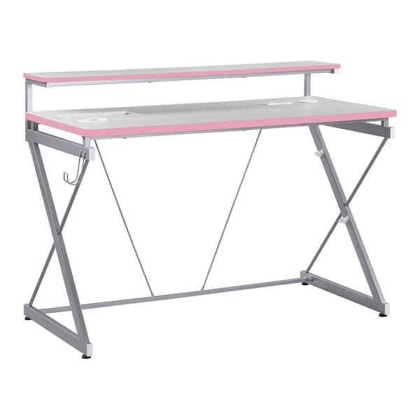 OSP Home Furnishings Emulator Battle Station 47.75 in Rectangle Pink Gaming Desk with RGB LED Lights