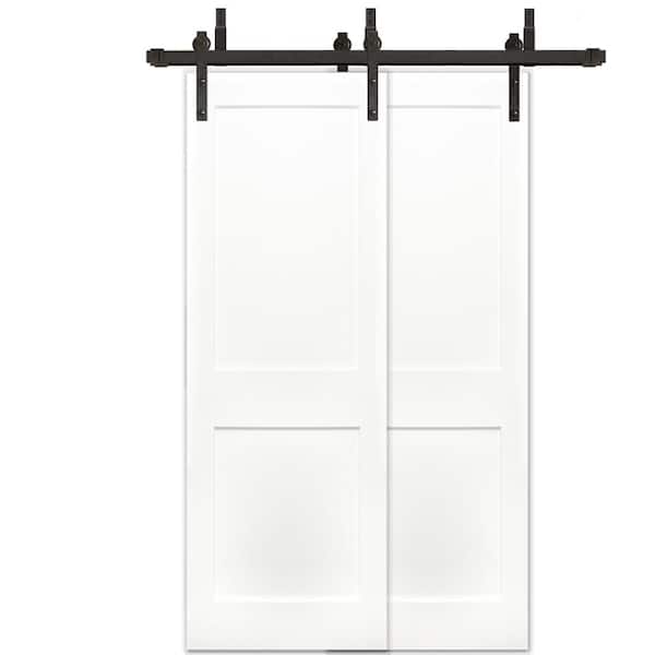 Pacific Entries 48in.x80in. Bypass Shaker Unfinished 2-Panel Solid Core Prime Pine Wood Sliding Barn Door with Bronze Hardware Kit