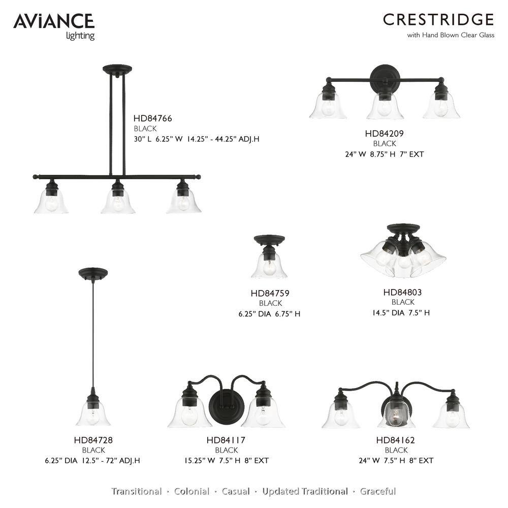 Moreland Transitional 3-Light Vanity Sconce in Black with Hand Blown Glass