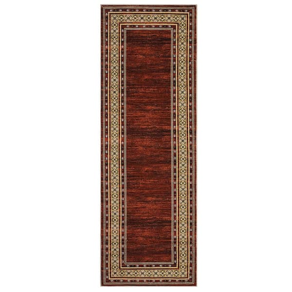 Red 2 ft. x 6 ft. Washable Bordered Runner Rug, Non Slip Low Pile Stain Resistant Rug for Hallway, Entryway