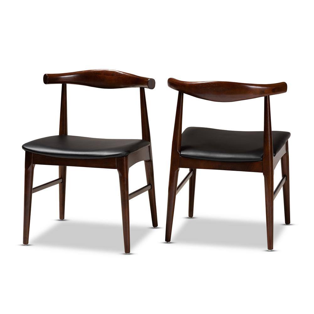 Mid-Century Modern Black Faux Leather Walnut Dining Chair Set