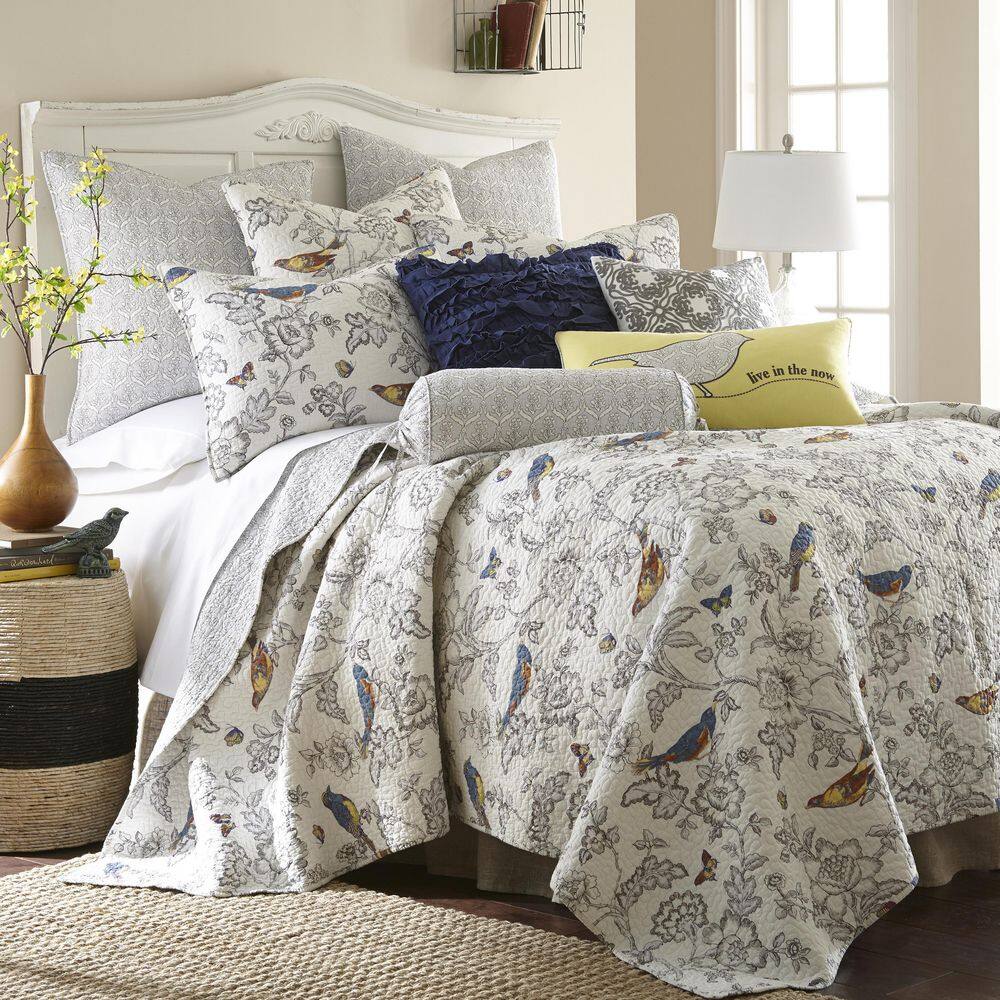 Mockingbird Grey Floral Quilted Cotton Euro Sham (Set of 2)
