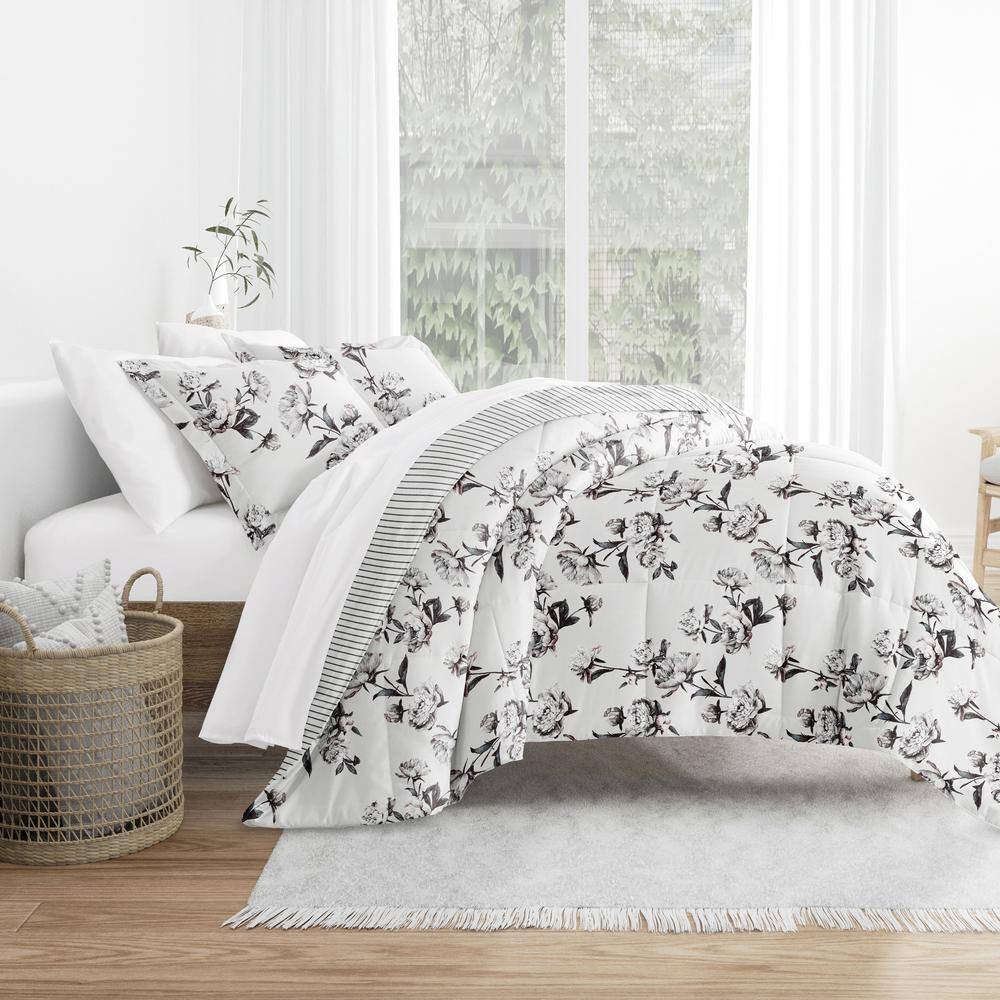 King Gray Floral Down Alternative Reversible Comforter Set
