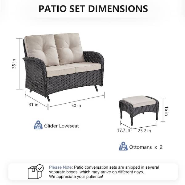 SleekArm Black PE Wicker Outdoor Loveseat with Olefin Beige Cushions and Gliding Function/ Patio Footrests (3-Piece)