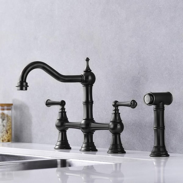 Unbranded Double Handle Bridge Kitchen Faucet with Side Sprayer in Matte Black