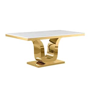 Ada Rectangular White Marble Top 38 in Pedestal Gold Stainless Steel Base Dining Table Seats 6