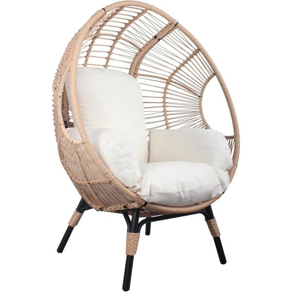 Unbranded Outdoor PE Wicker Weaving Patio Egg Chair w/ Natural Color Rattan Beige Cushion, 500 lbs. Capacity for Backyard, Garden
