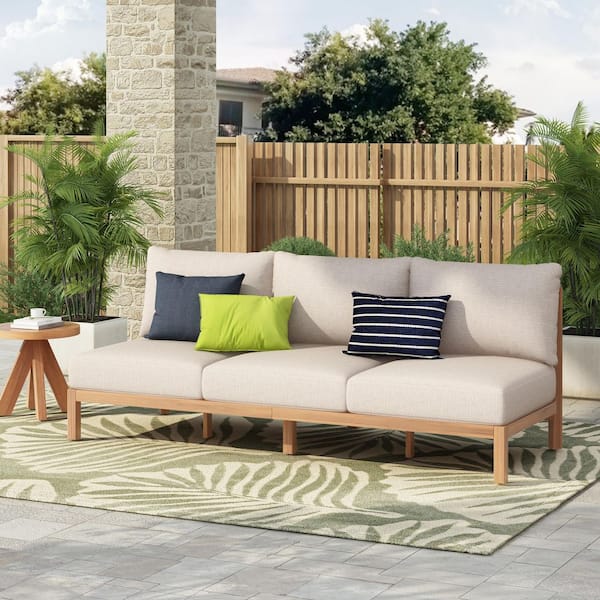 Serenity Light Teak + Beige Rope Woven and Wood Patio 3-Seater Sofa Outdoor Couch with Beige Cushions, Armless