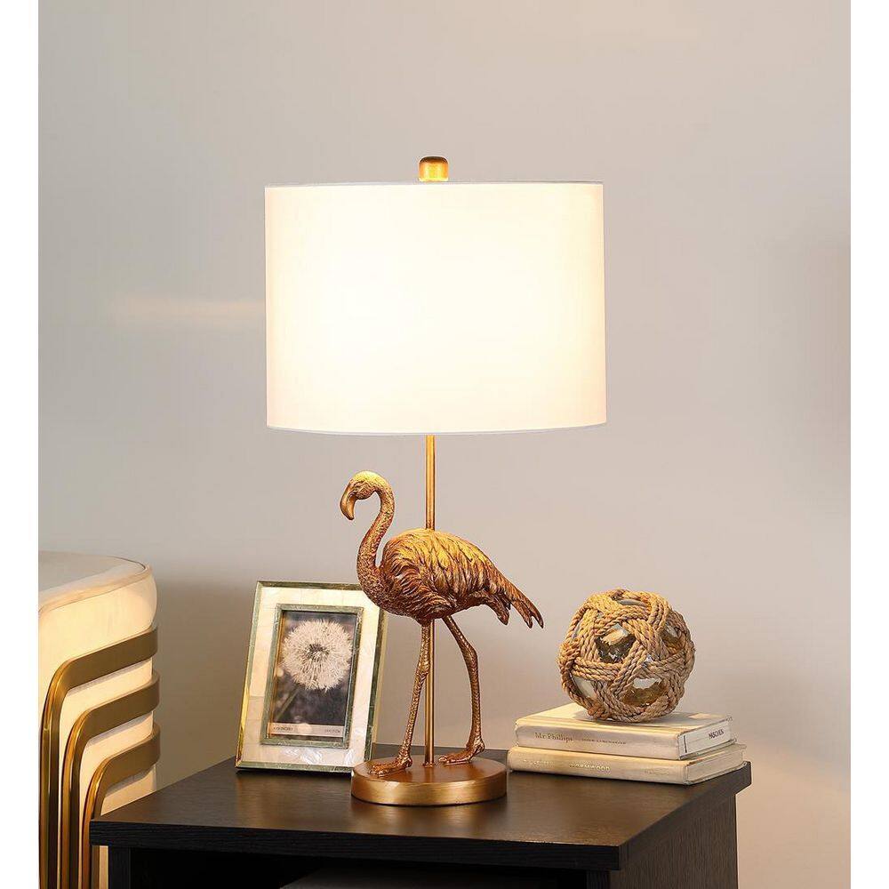 Matte Gold Flamingo Resin Bedside Table Lamp with White Shade