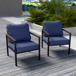 2-Piece Light Brown Wicker Outdoor Dining Chair Patio Lounge Chair in Steel Frame with Blue Cushions