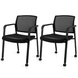 Mesh Conference Chairs Stackable Ergonomic Office Guest Chair Waiting Room Wheels in Black (Set of 2)