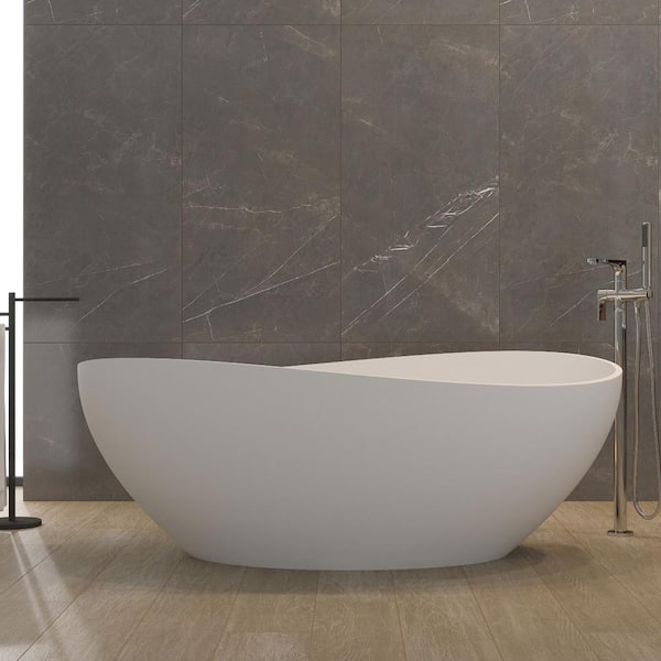 Opvande 63 in. x 37.4 in. Freestanding Soaking Solid Surface Bathtub with Center Drain in Matte White