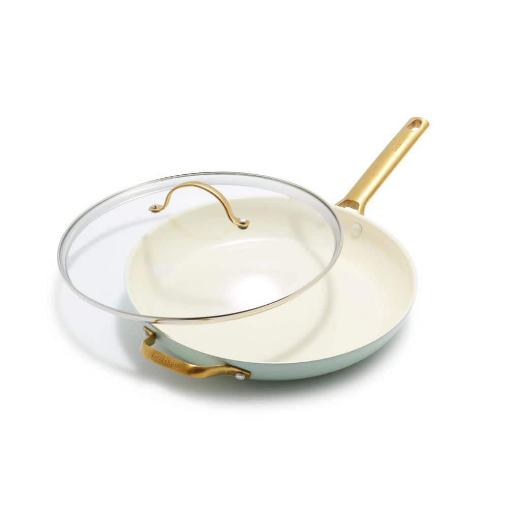 Mint and Cream Ceramic Nonstick Frying Pan Set with Gold Handles