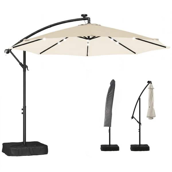 cost plus patio umbrella VAMOP 9.7 ft. Steel Cantilever Solar Tilt Patio Umbrella in Cream White  with UPF30 Plus Canopy and Stable Cross Base ZZH102809