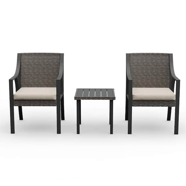 EGEIROSLIFE 3-Piece Patio Wicker Outdoor Bistro Set with Beige Cushion