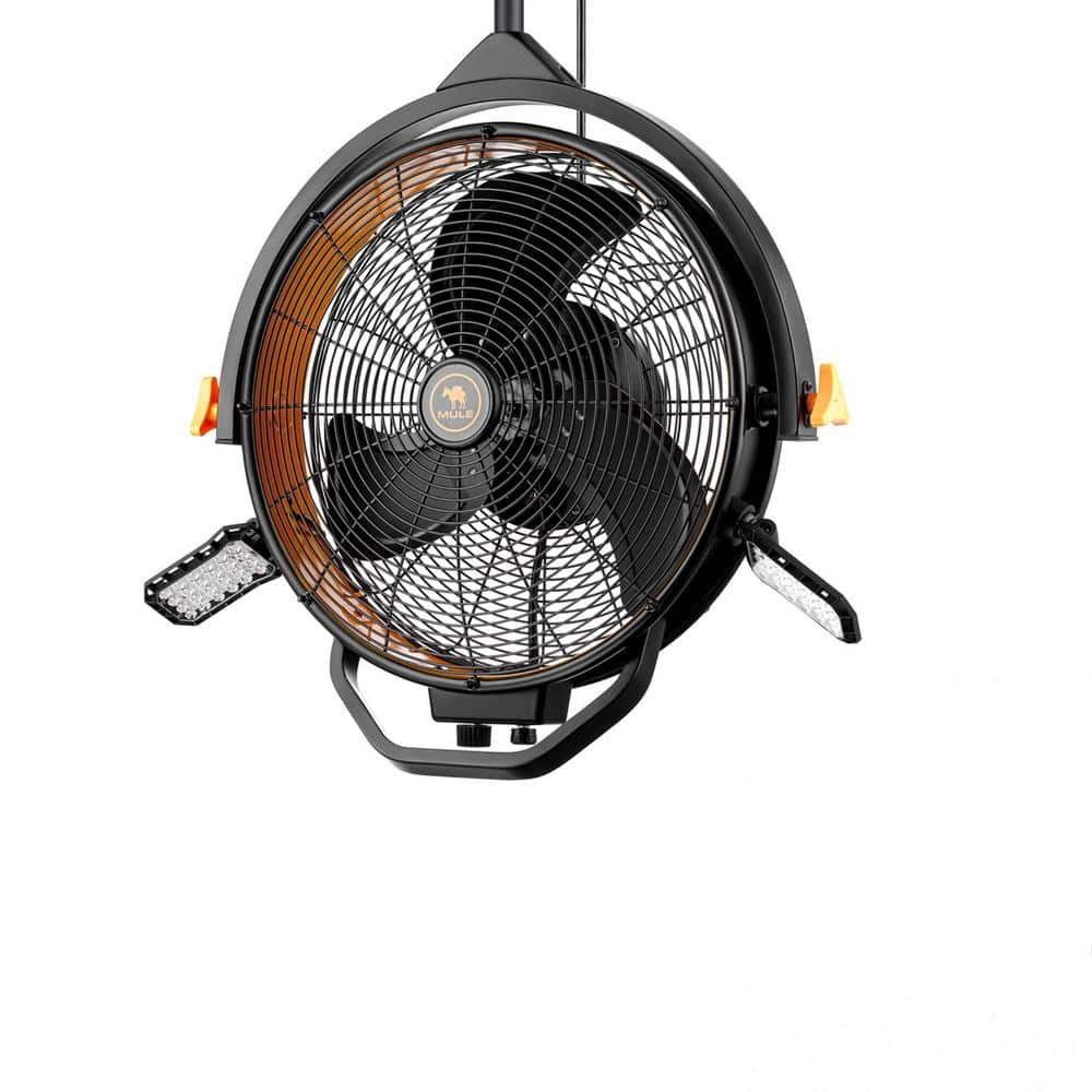 18 in. 3-Speed High Velocity Max. 5400 CFM Garage Ceiling Mount Wall Fan XL in Matte Black with Work Lights and Downrod -  MULE, 52009-07