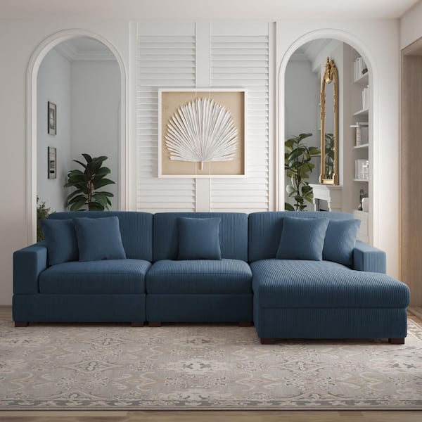 118 in. Square Arm 3-Piece Corduroy Upholstered L-Shaped Sectional Sofa in Navy Blue