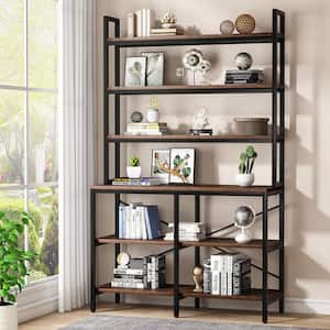 Eulas 70.8 in. Rustic Brown Wood 6-Shelf Etagere Standard Bookcase with Faux Marble and Metal Frame