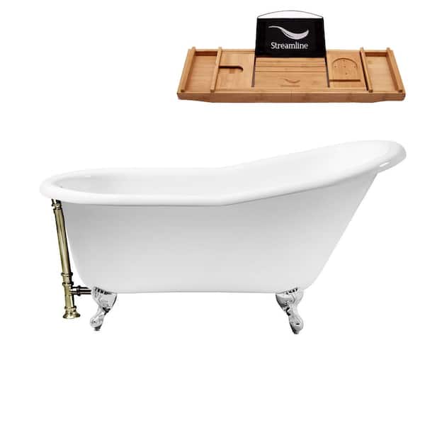 Streamline 60 in. Cast Iron Clawfoot Non-Whirlpool Bathtub in Glossy White with Brushed Nickel Drain and Polished Chrome Clawfeet