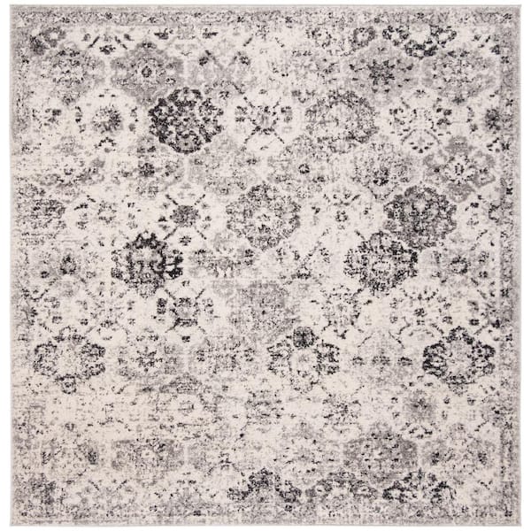Madison Silver/Grey 12 ft. x 12 ft. Border Floral Medallion Geometric Square Area Rug