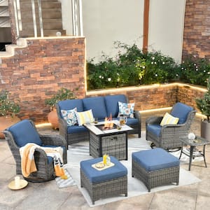 New Kenard Gray 7-Piece Wicker Patio Fire Pit Conversation Set with Denim Blue Cushions and Swivel Rocking Chairs