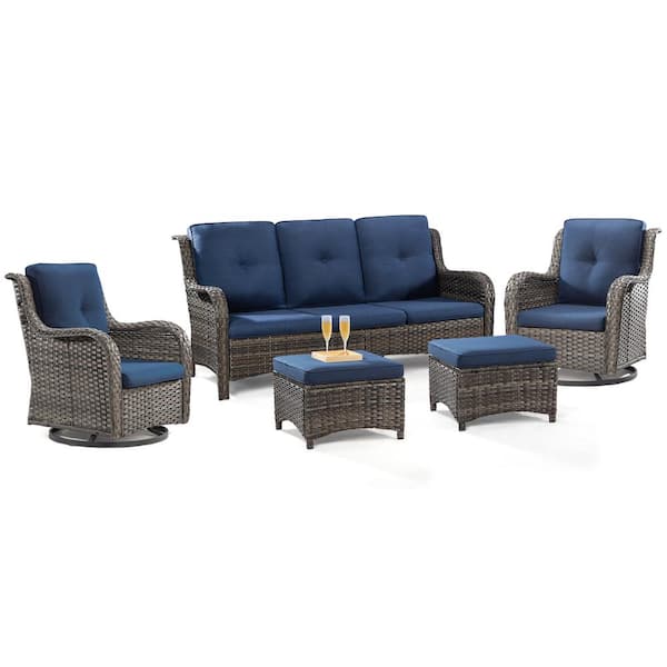 JOYSIDE 5-Piece Wicker Outdoor Patio Seating Set Sectional Sofa with Swivel Rocking Chair, Ottomans and Blue Cushions