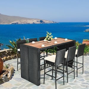 Set of 7-pieces Rattan Wicker Bar Set Patio Dining Furniture with Wood Table Top 6 Stools