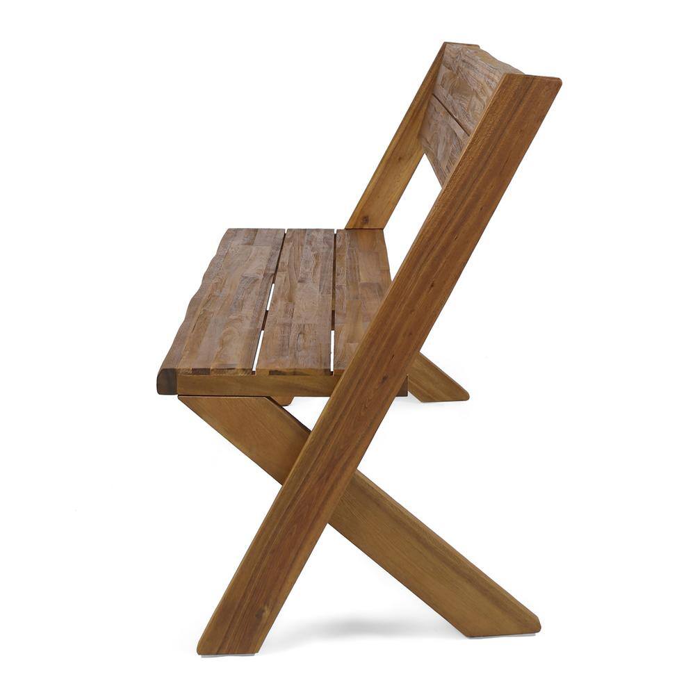 Estelle Teak Acacia Wood Farmhouse Bench with Cross Base