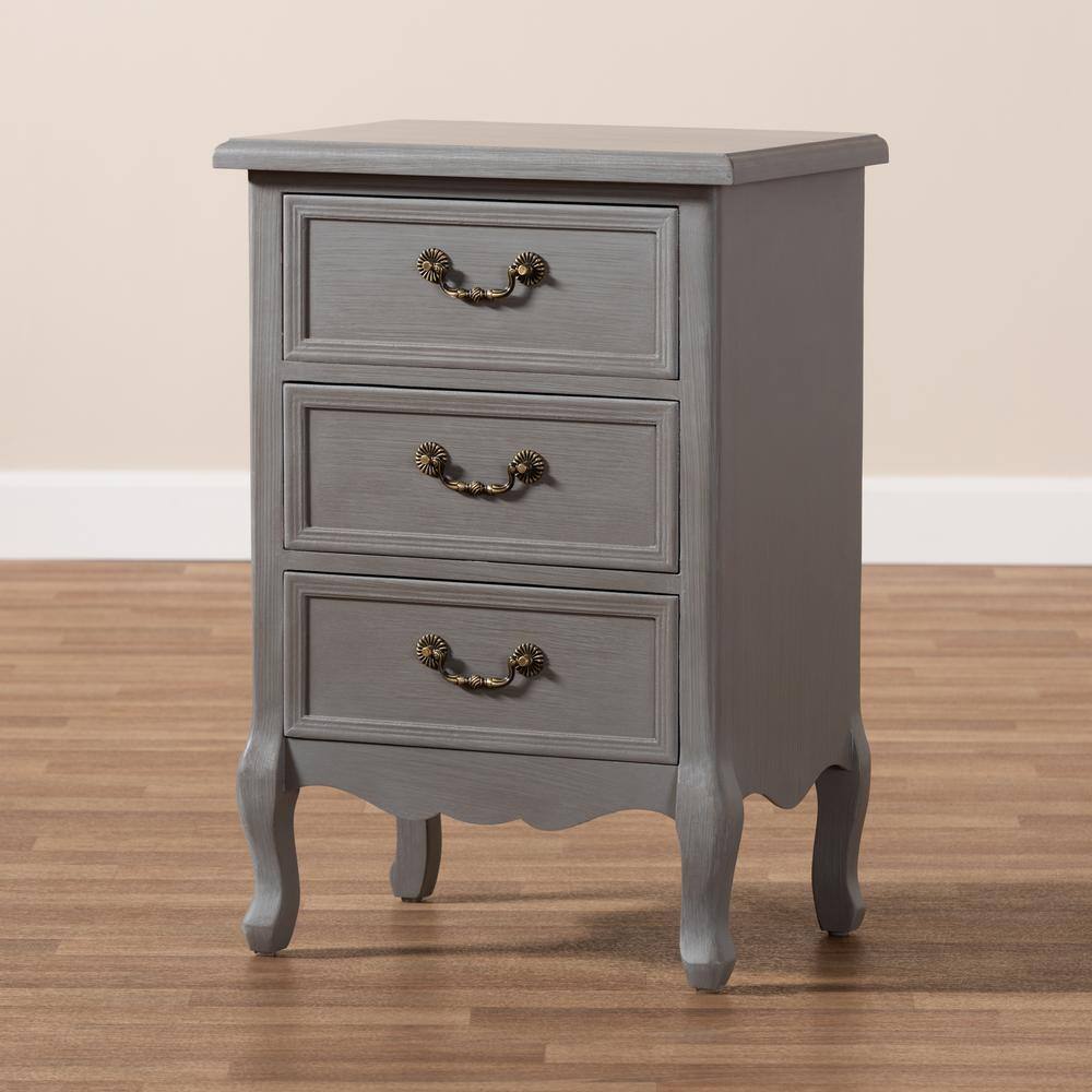 Gray Fir and Engineered Wood 3-Drawer Nightstand with Cabriole Legs