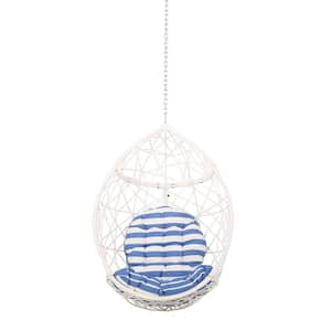 1-Person Wicker Egg Swing with Blue Cushions