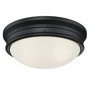 Meadowbrook 2-Light Matte Black Outdoor Flush Mount Light with Frosted Glass